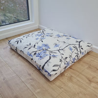 Hemp Pet Mat Pad Cushion Removable Cotton Water Repellent Cover in blue flower on white Organic Hemp Fiber Filler Padded Dog