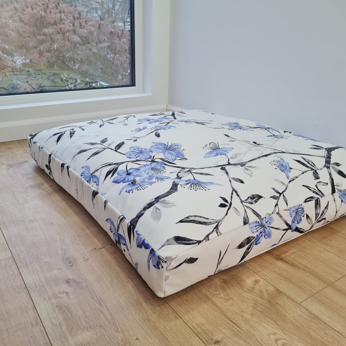 Hemp Pet Mat Pad Cushion Removable Cotton Water Repellent Cover in blue flower on white Organic Hemp Fiber Filler Padded Dog