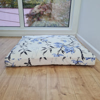 Hemp Pet Mat Pad Cushion Removable Cotton Water Repellent Cover in blue flower on white Organic Hemp Fiber Filler Padded Dog