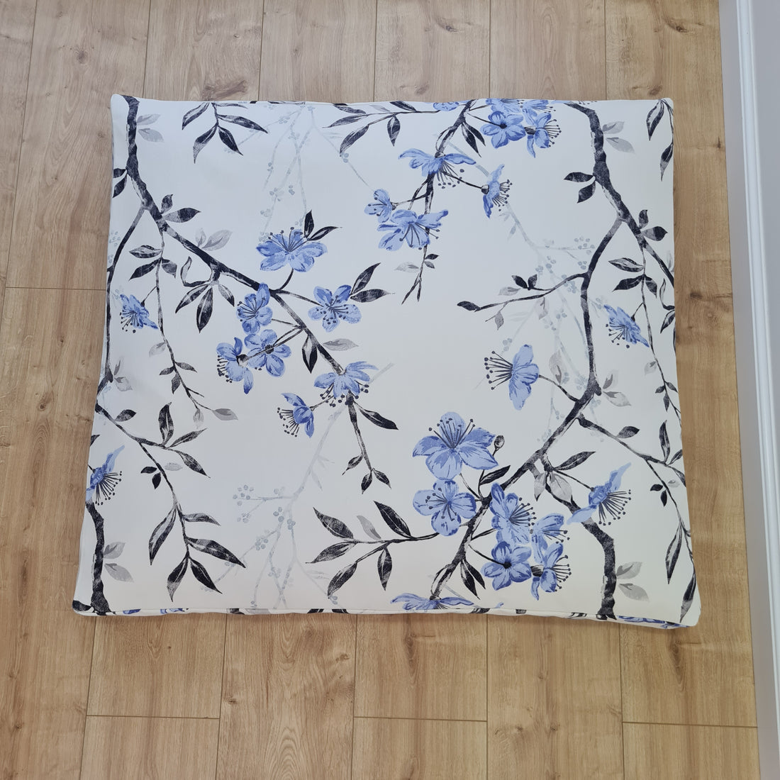 Hemp Pet Mat Pad Cushion Removable Cotton Water Repellent Cover in blue flower on white Organic Hemp Fiber Filler Padded Dog