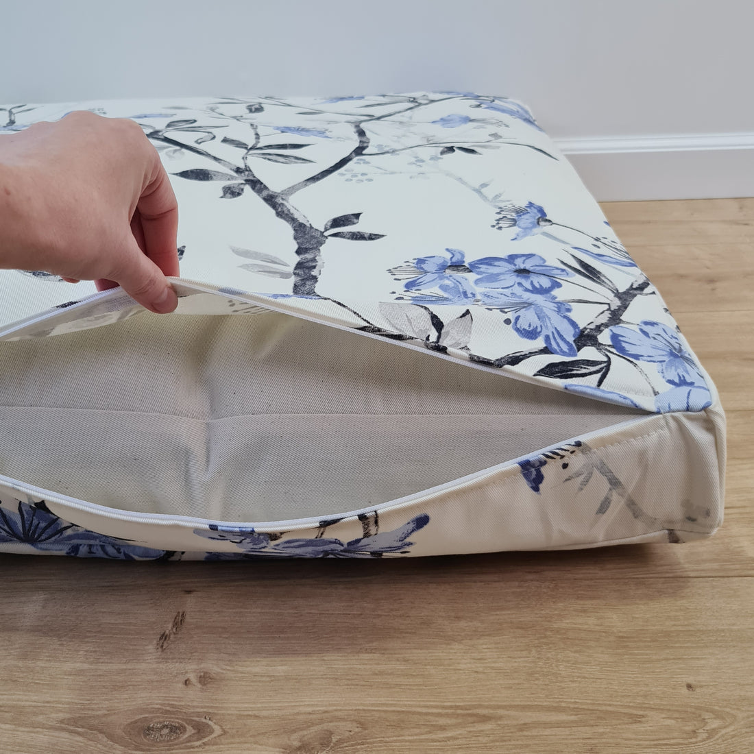 Hemp Pet Mat Pad Cushion Removable Cotton Water Repellent Cover in blue flower on white Organic Hemp Fiber Filler Padded Dog