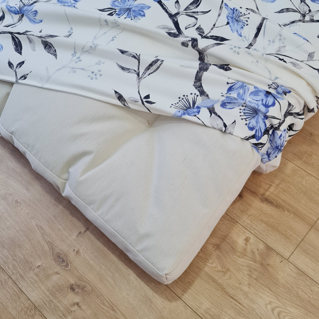 Hemp Pet Mat Pad Cushion Removable Cotton Water Repellent Cover in blue flower on white Organic Hemp Fiber Filler Padded Dog