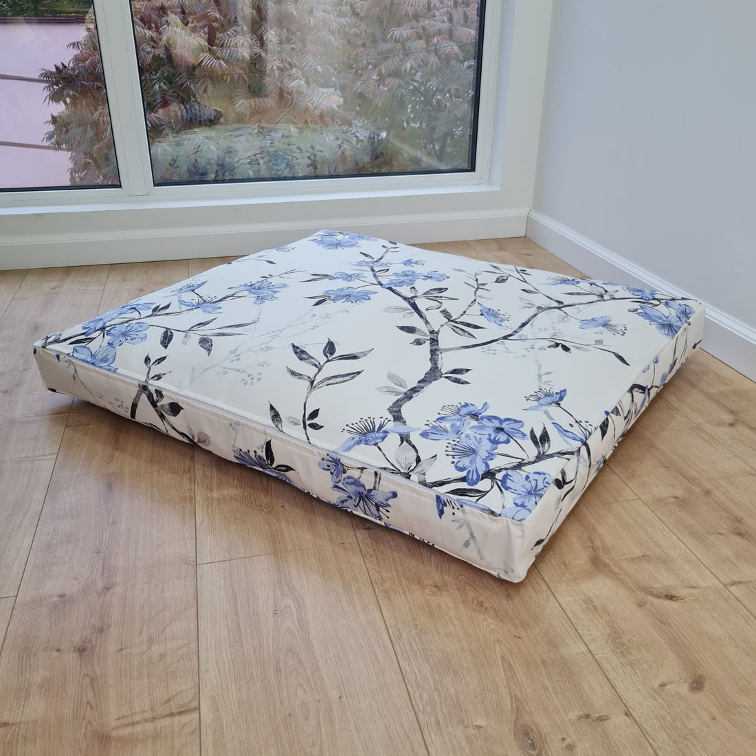 Hemp Pet Mat Pad Cushion Removable Cotton Water Repellent Cover in blue flower on white Organic Hemp Fiber Filler Padded Dog
