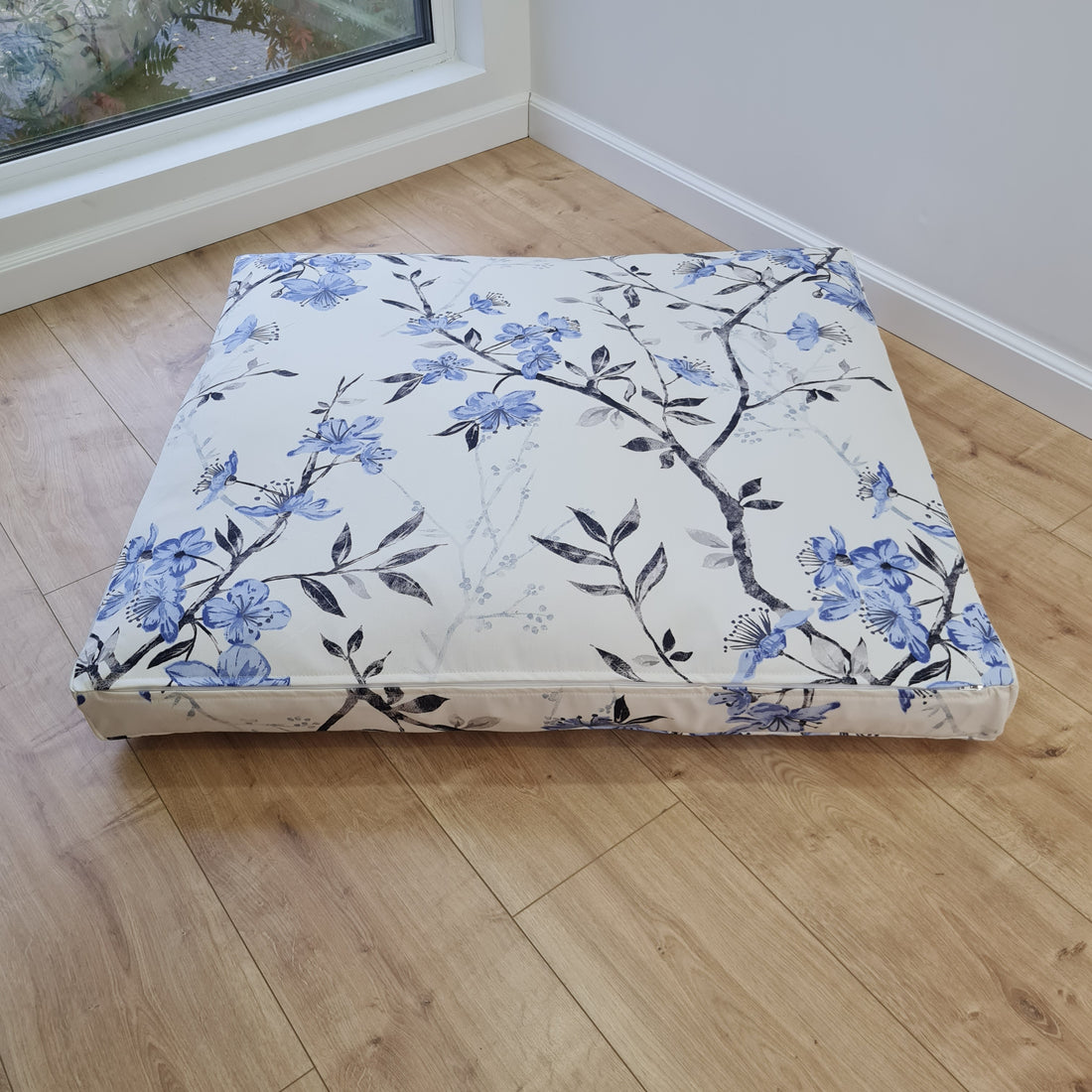Hemp Pet Mat Pad Cushion Removable Cotton Water Repellent Cover in blue flower on white Organic Hemp Fiber Filler Padded Dog
