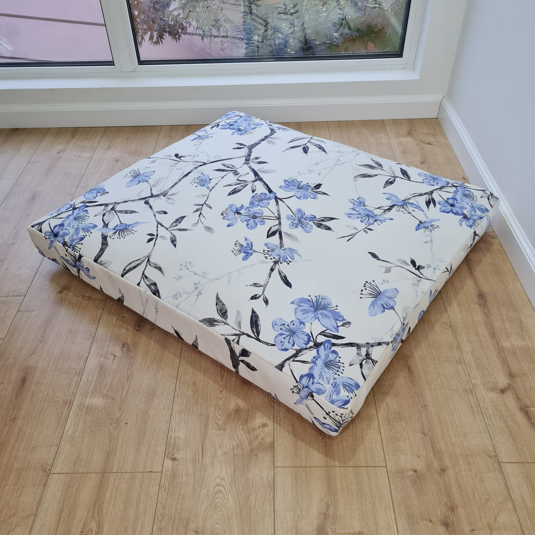 Hemp Pet Mat Pad Cushion Removable Cotton Water Repellent Cover in blue flower on white Organic Hemp Fiber Filler Padded Dog