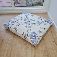 Hemp Pet Mat Pad Cushion Removable Cotton Water Repellent Cover in blue flower on white Organic Hemp Fiber Filler Padded Dog