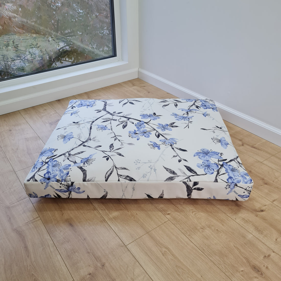 Hemp Pet Mat Pad Cushion Removable Cotton Water Repellent Cover in blue flower on white Organic Hemp Fiber Filler Padded Dog