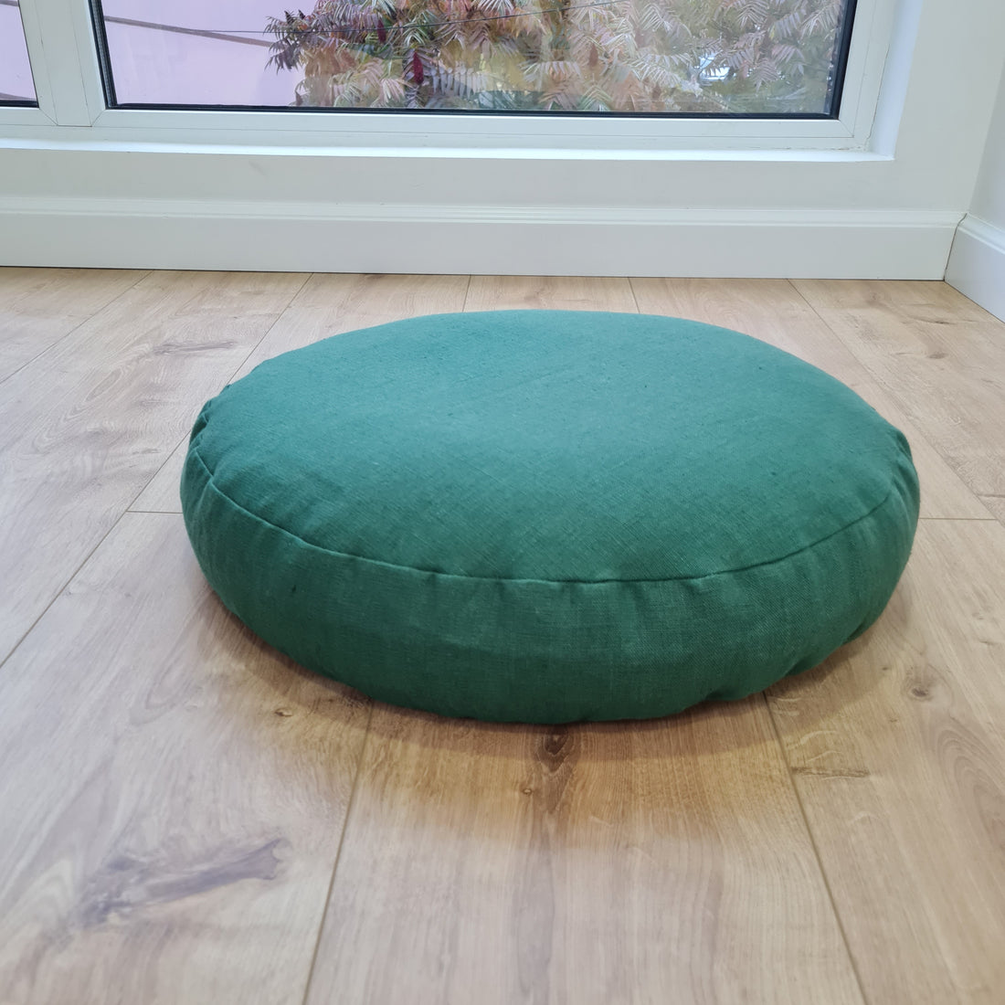 D 16.5"x H 3.15" (D 42 x H 8 cm) Zafu Green Linen floor cushion with Buckwheat hulls /Organic Meditation cushion/buckwheat