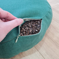 D 16.5"x H 3.15" (D 42 x H 8 cm) Zafu Green Linen floor cushion with Buckwheat hulls /Organic Meditation cushion/buckwheat