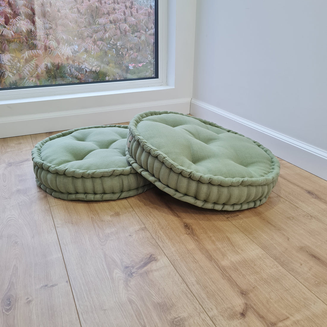 D16" (40 cm) Round Hemp Cushion filled Hemp Fiber in natural Olive Linen fabric organic Floor Chair cushion Meditation pillow