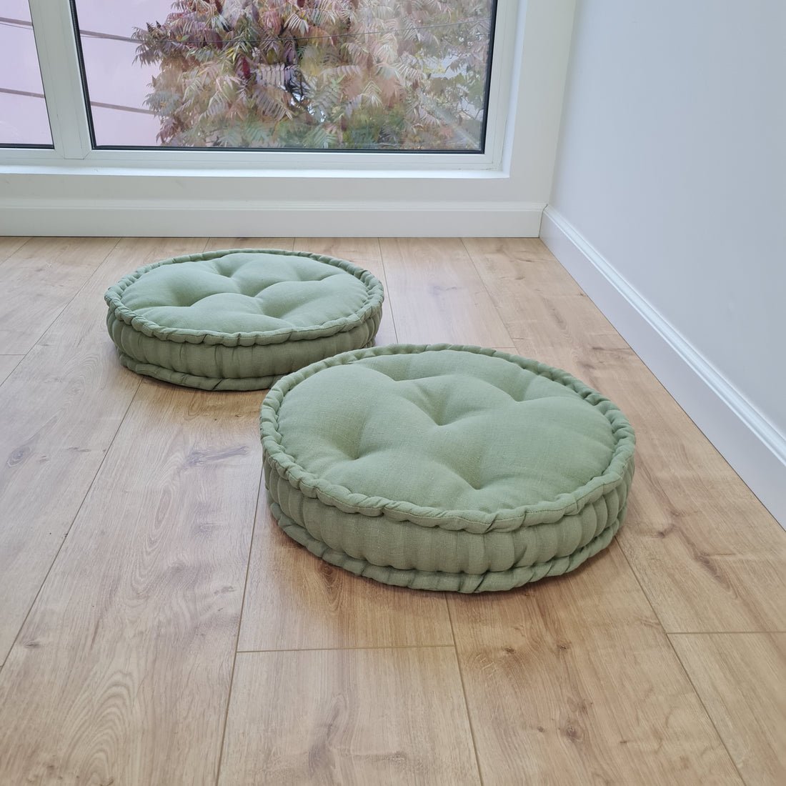 D16" (40 cm) Round Hemp Cushion filled Hemp Fiber in natural Olive Linen fabric organic Floor Chair cushion Meditation pillow