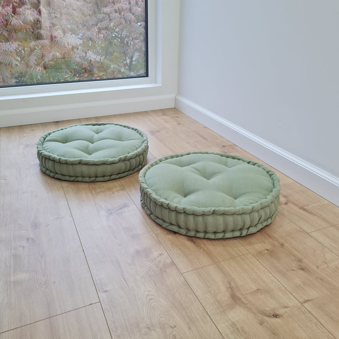 D16" (40 cm) Round Hemp Cushion filled Hemp Fiber in natural Olive Linen fabric organic Floor Chair cushion Meditation pillow