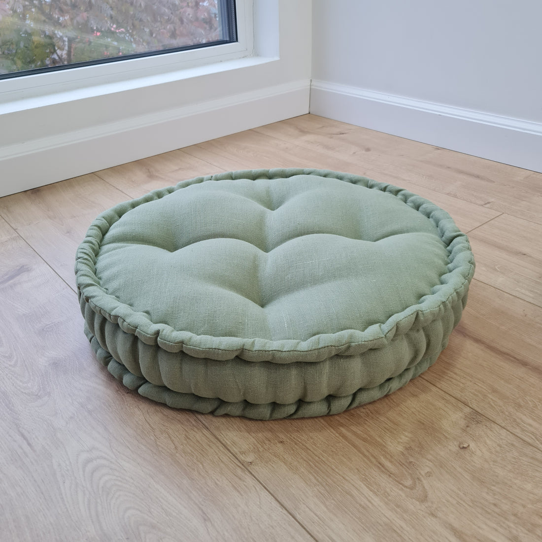 D16" (40 cm) Round Hemp Cushion filled Hemp Fiber in natural Olive Linen fabric organic Floor Chair cushion Meditation pillow