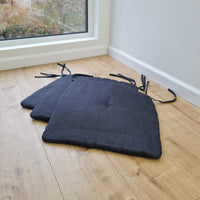 17.5" x 16.5" (45 x 42 cm) Hemp Linen seat cushion for chair with ties filled organic hemp fiber in natural charcoal grey linen fabric
