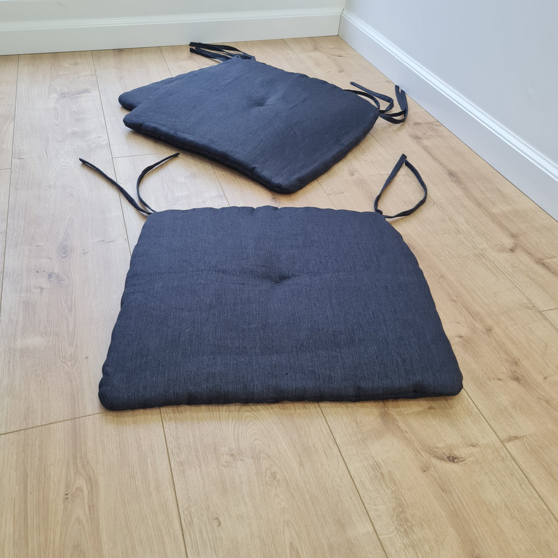 17.5" x 16.5" (45 x 42 cm) Hemp Linen seat cushion for chair with ties filled organic hemp fiber in natural charcoal grey linen fabric