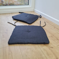 17.5" x 16.5" (45 x 42 cm) Hemp Linen seat cushion for chair with ties filled organic hemp fiber in natural charcoal grey linen fabric