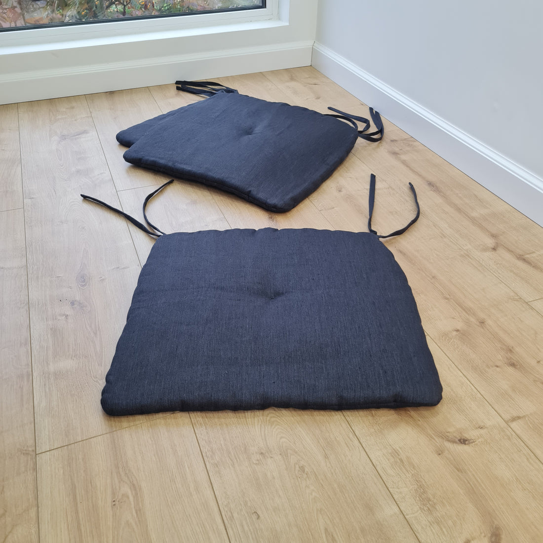 17.5" x 16.5" (45 x 42 cm) Hemp Linen seat cushion for chair with ties filled organic hemp fiber in natural charcoal grey linen fabric