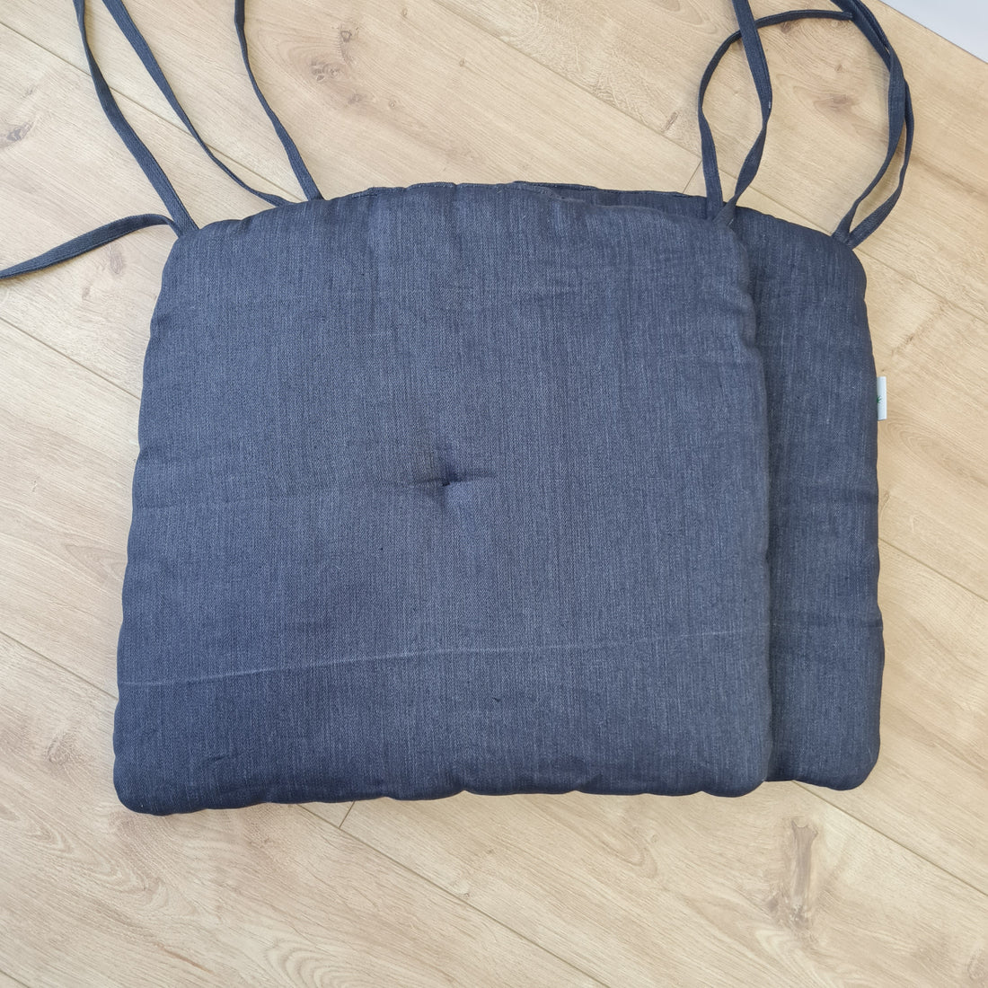 17.5" x 16.5" (45 x 42 cm) Hemp Linen seat cushion for chair with ties filled organic hemp fiber in natural charcoal grey linen fabric