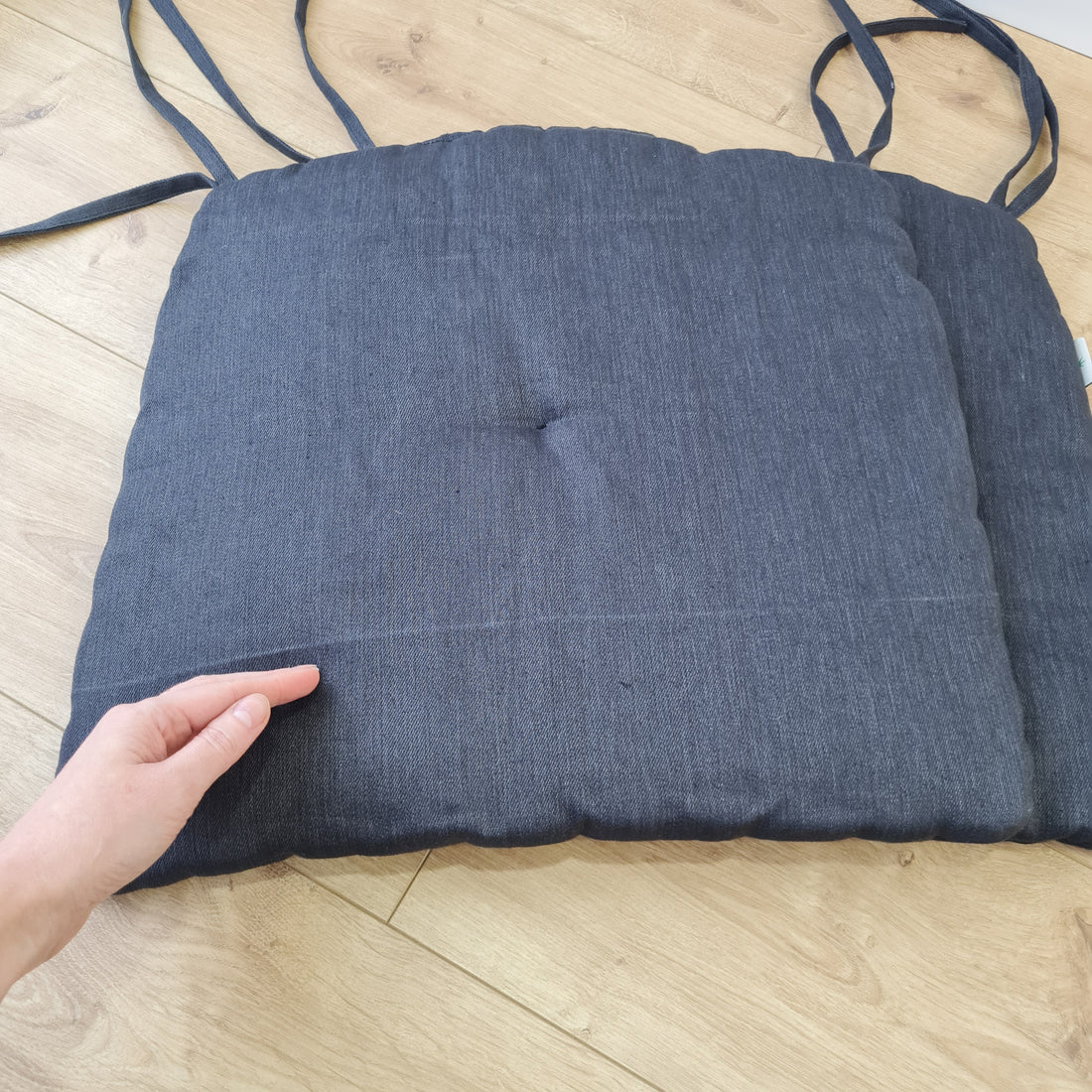 17.5" x 16.5" (45 x 42 cm) Hemp Linen seat cushion for chair with ties filled organic hemp fiber in natural charcoal grey linen fabric