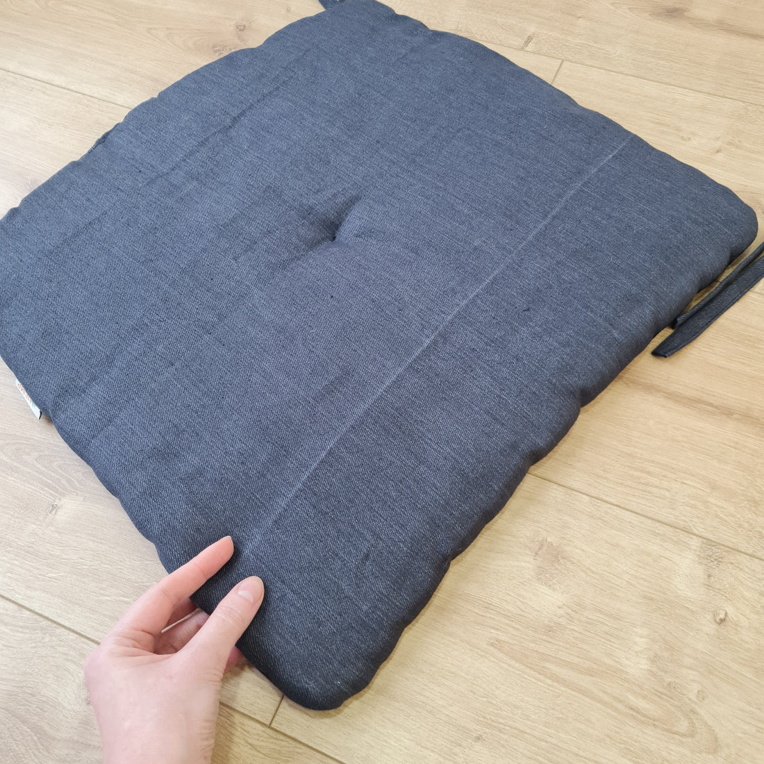 17.5" x 16.5" (45 x 42 cm) Hemp Linen seat cushion for chair with ties filled organic hemp fiber in natural charcoal grey linen fabric
