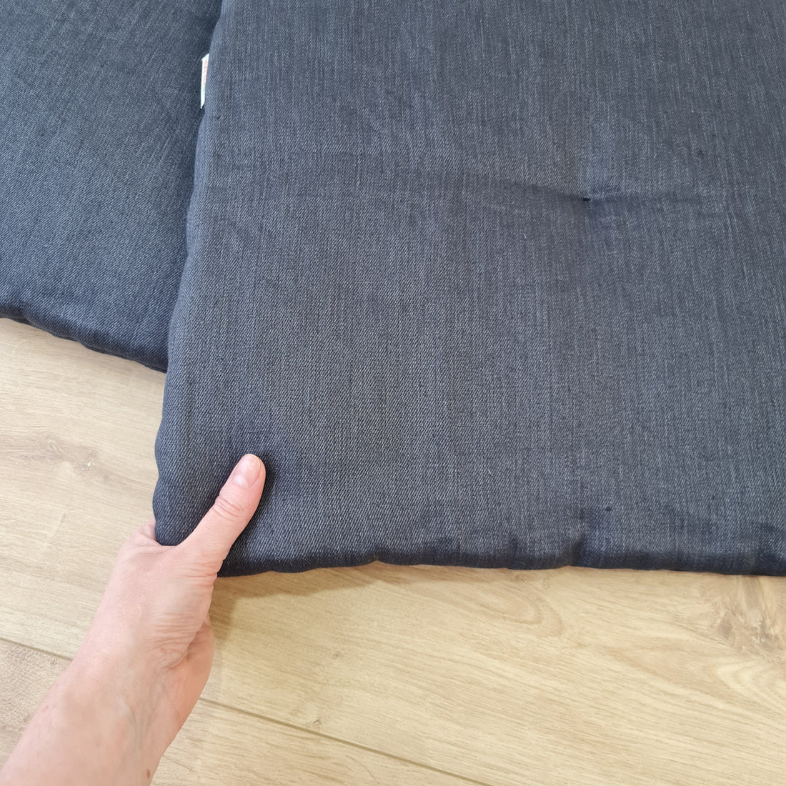17.5" x 16.5" (45 x 42 cm) Hemp Linen seat cushion for chair with ties filled organic hemp fiber in natural charcoal grey linen fabric