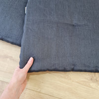 17.5" x 16.5" (45 x 42 cm) Hemp Linen seat cushion for chair with ties filled organic hemp fiber in natural charcoal grey linen fabric
