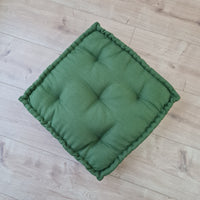 16" x 16" (40x40 cm) Green Hemp Linen Floor cushion filled organic Hemp Fiber in natural linen fabric