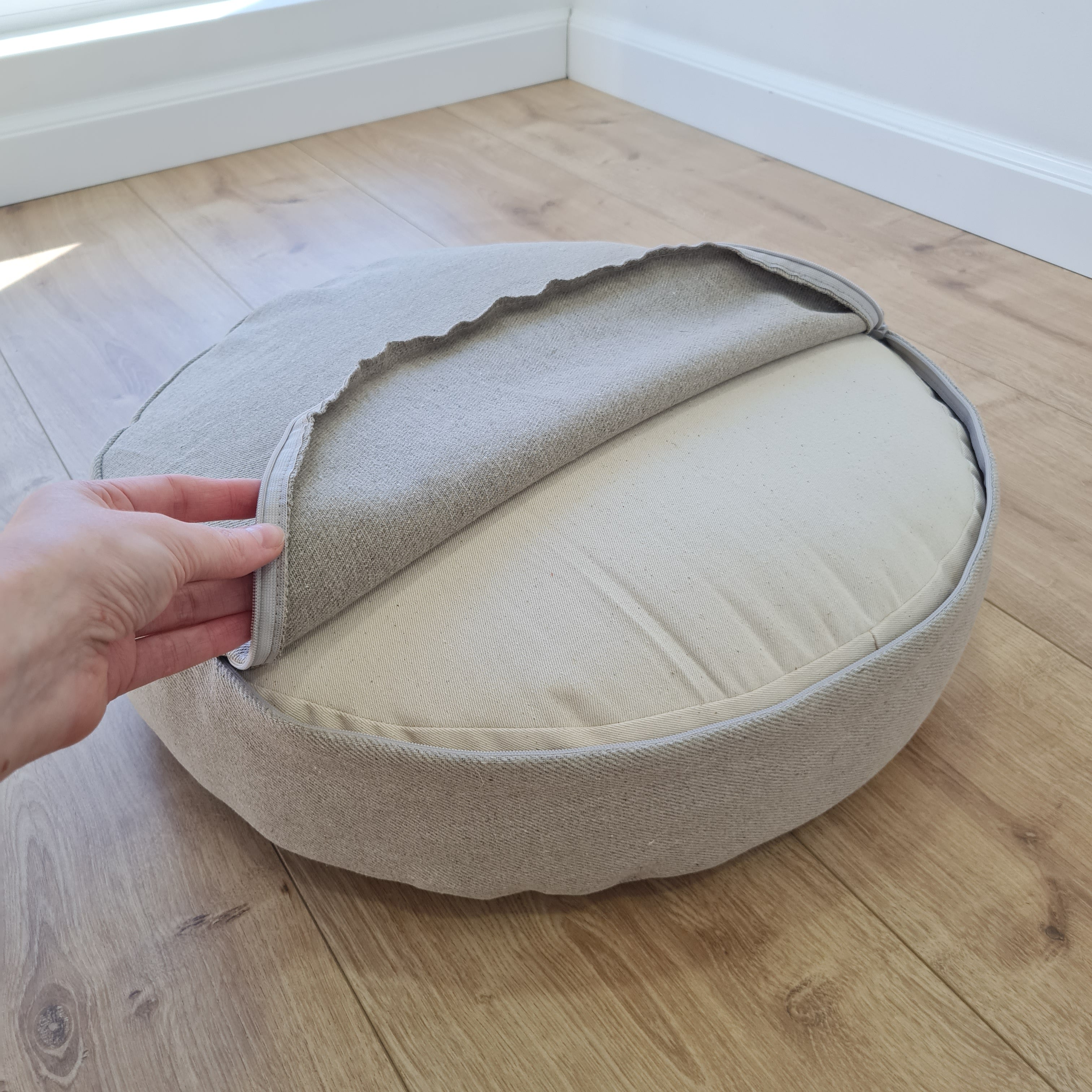 Round Hemp cushion with removable cover Hemp fiber filling in cotton fabric with linen non-dyed cover Floor cushion custom made size