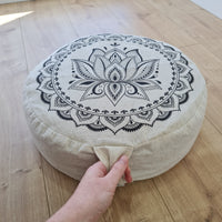 D14"x4.7" (35 x 12 cm) HEMP Zafu floor cushion with Buckwheat hulls with Lotus print /Organic Meditation cushion/ pillow seat/ Yoga