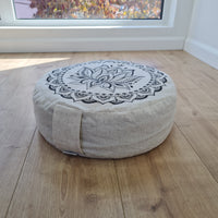 D14"x4.7" (35 x 12 cm) HEMP Zafu floor cushion with Buckwheat hulls with Lotus print /Organic Meditation cushion/ pillow seat/ Yoga
