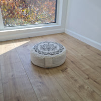 D14"x4.7" (35 x 12 cm) HEMP Zafu floor cushion with Buckwheat hulls with Lotus print /Organic Meditation cushion/ pillow seat/ Yoga