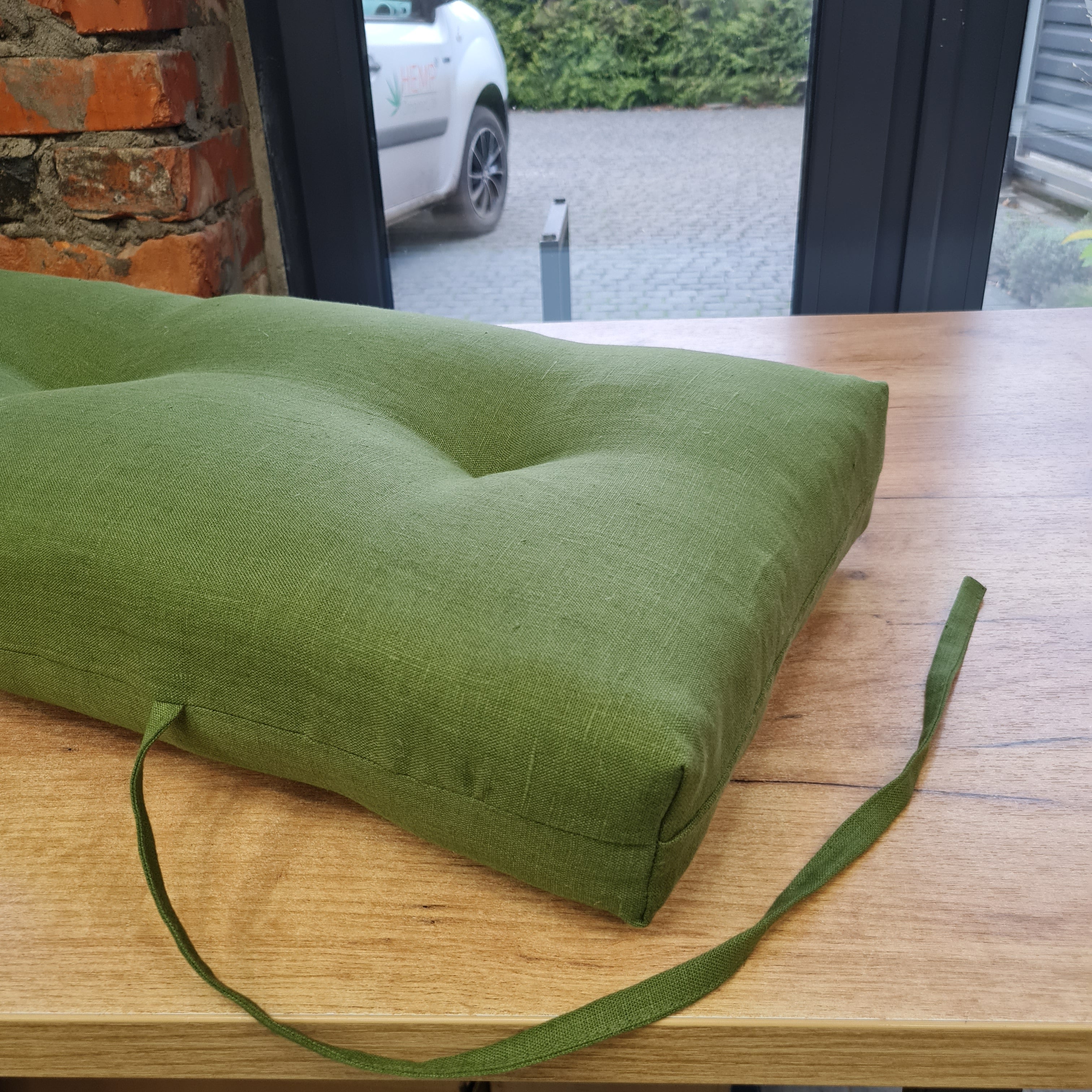 Natural Hemp Linen Bench Cushion with Ties Custom Made filled organic Hemp Fiber in natural non dyed Linen Fabric Window Bench Mudroom cushions