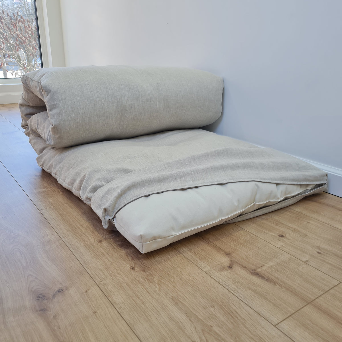 Linen Cover with zipper for shikibuton 3" thik in Grey Undyed Unbleached Natural Linen Fabric Queen Full, Twin, King Custom size