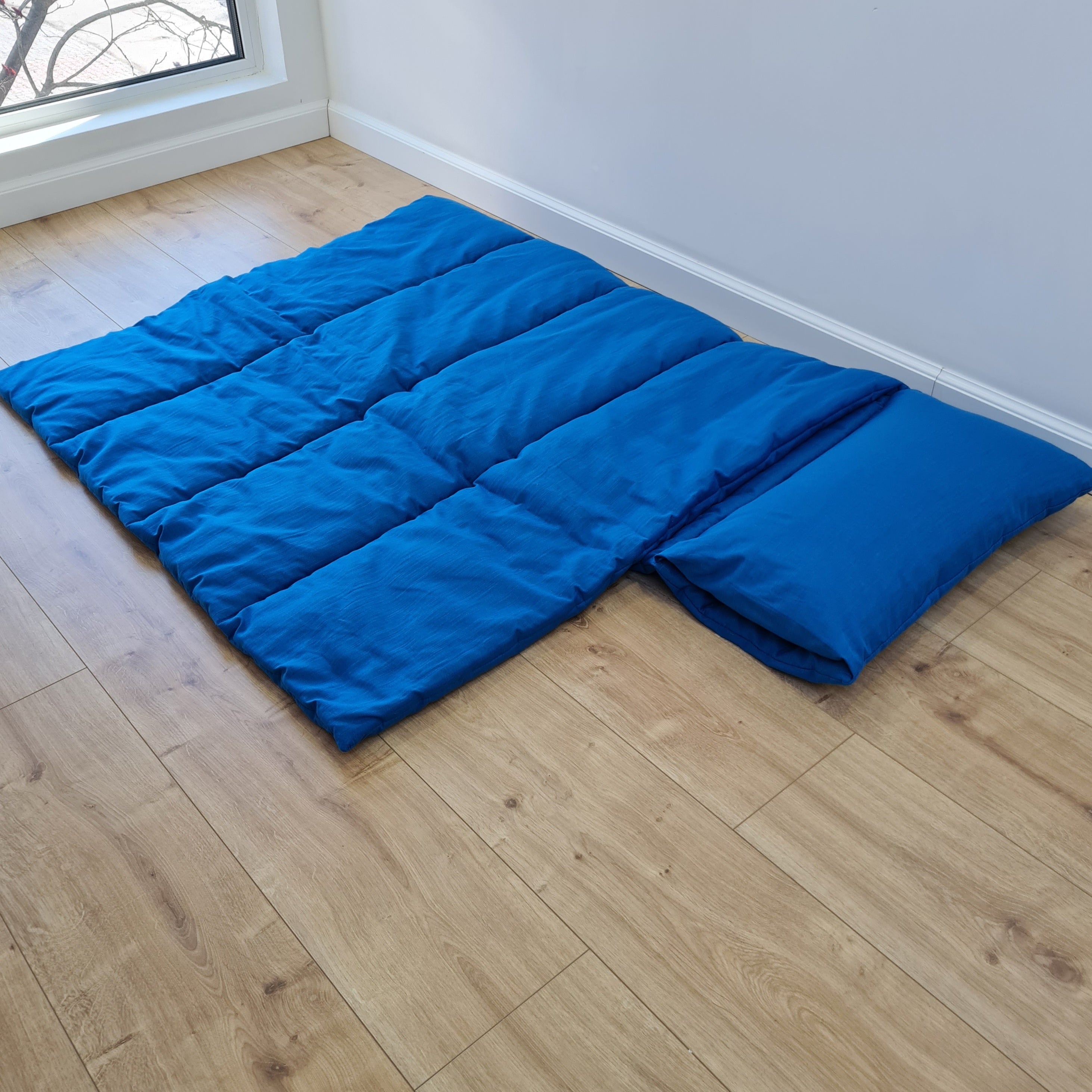 Kindergarten Hemp Linen Sleeping Bag with Pillow School Nap Mat Kids Organic Hemp Fiber Filling in blue Linen Fabric, Custom made