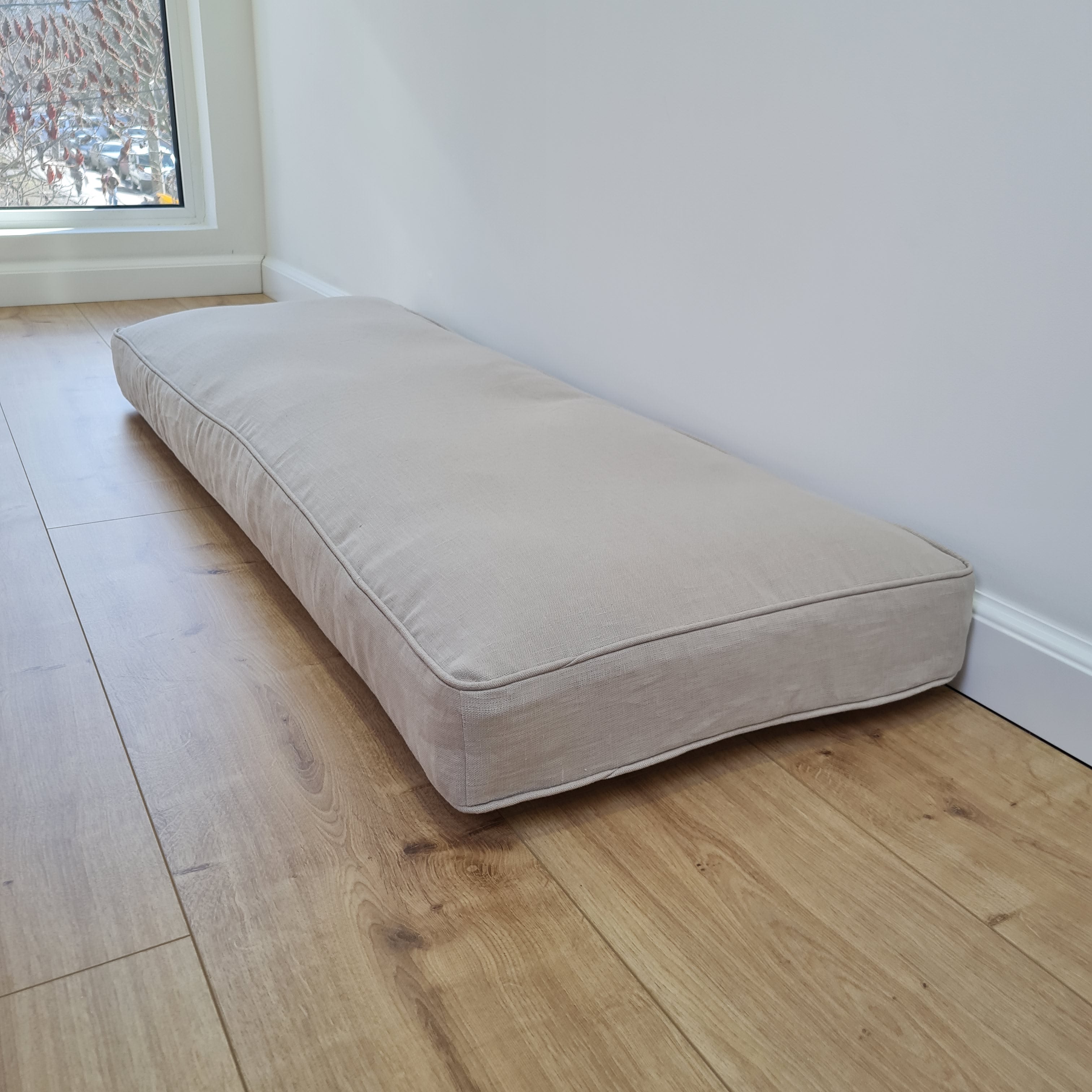 Hemp Custom made Window Mudroom Floor bench cushion with removable linen cover, with a lace, without stitches filled organic hemp fiber in natural non-dyed cotton fabric