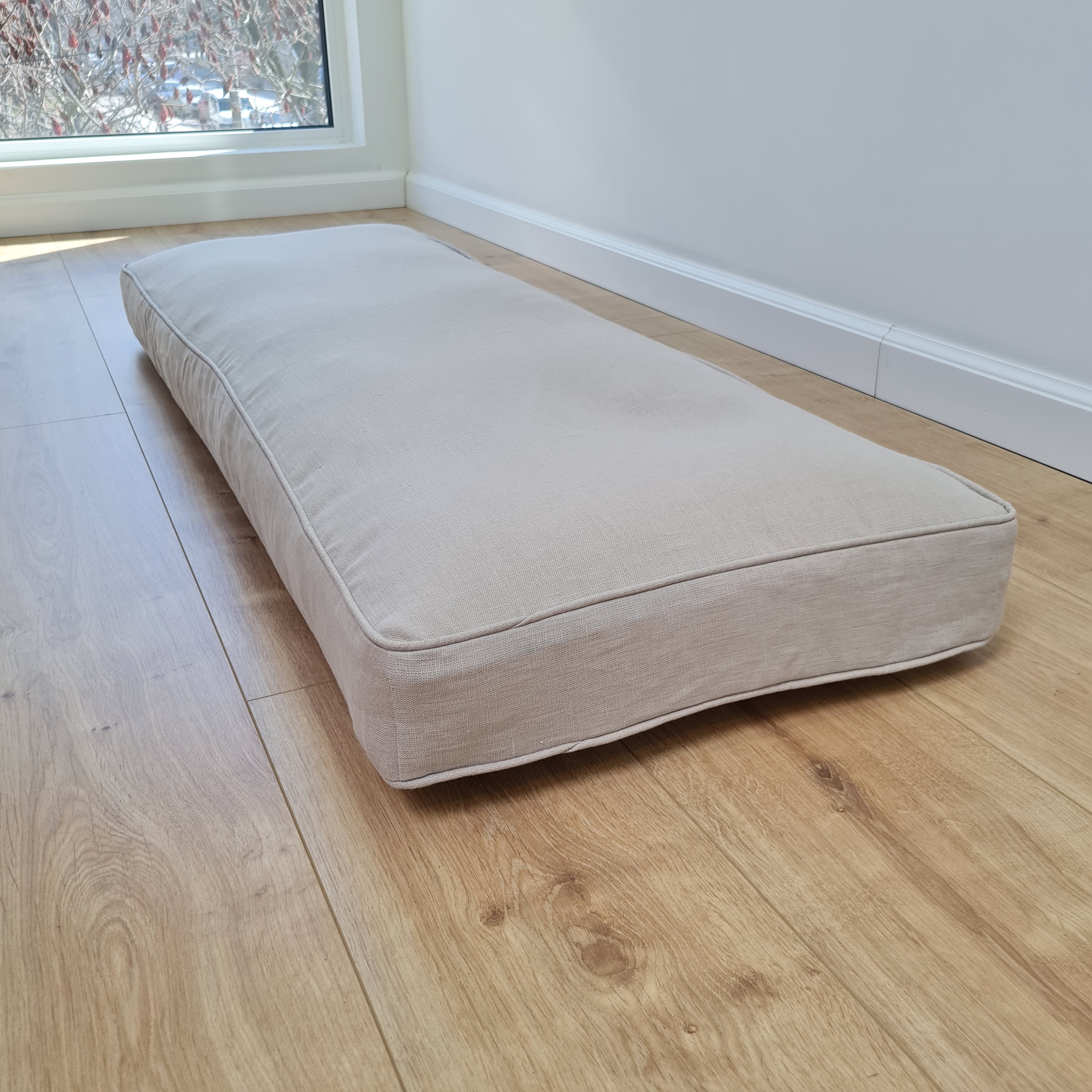 Hemp Custom made Window Mudroom Floor bench cushion with removable linen cover, with a lace, without stitches filled organic hemp fiber in natural non-dyed cotton fabric