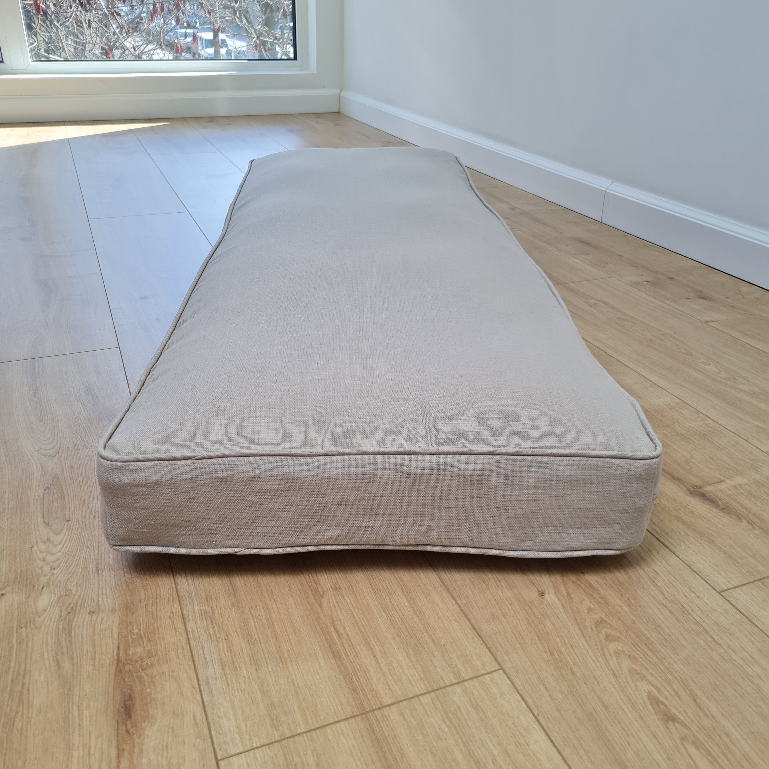 Hemp Custom made Window Mudroom Floor bench cushion with removable linen cover, with a lace, without stitches filled organic hemp fiber in natural non-dyed cotton fabric