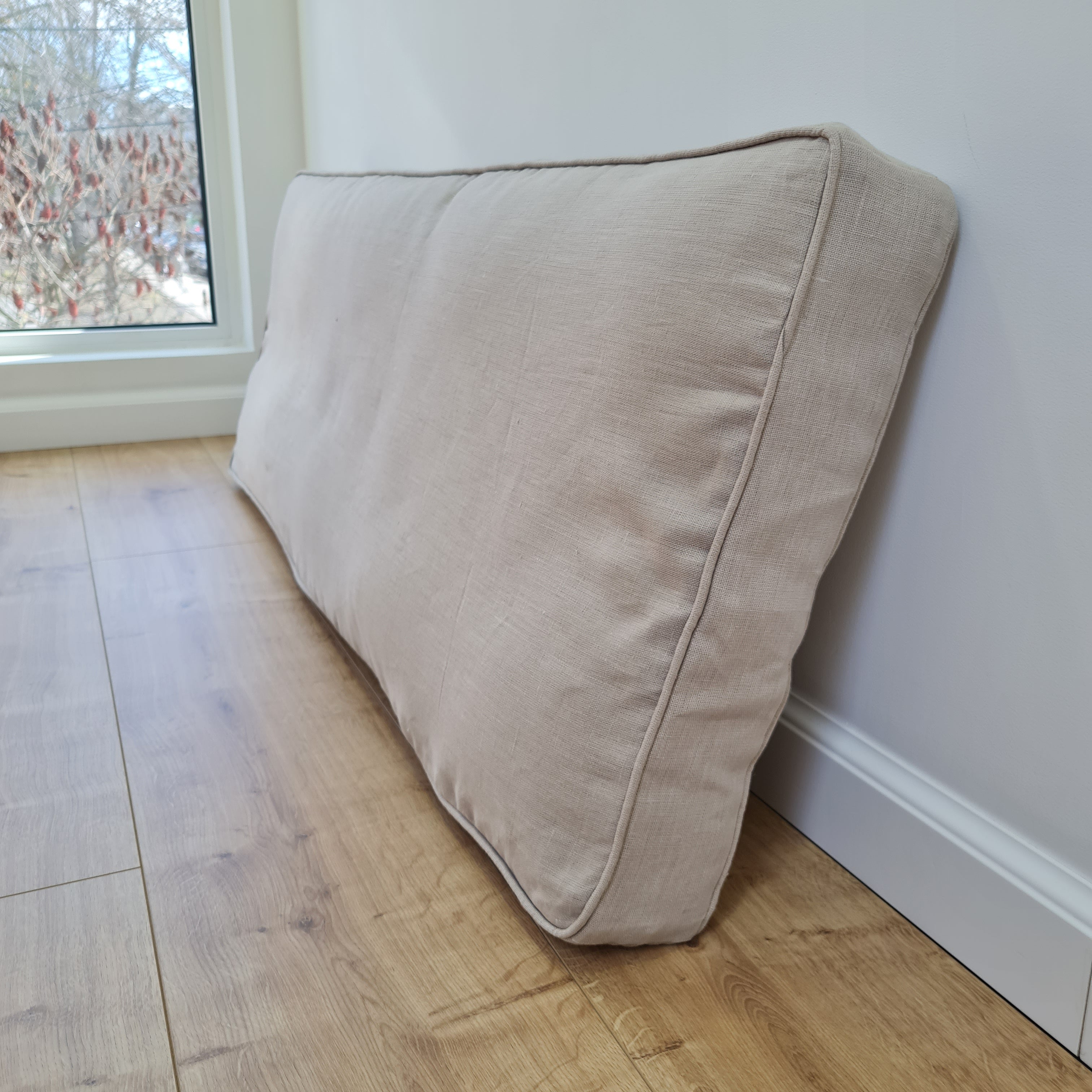 Hemp Custom made Window Mudroom Floor bench cushion with removable linen cover, with a lace, without stitches filled organic hemp fiber in natural non-dyed cotton fabric
