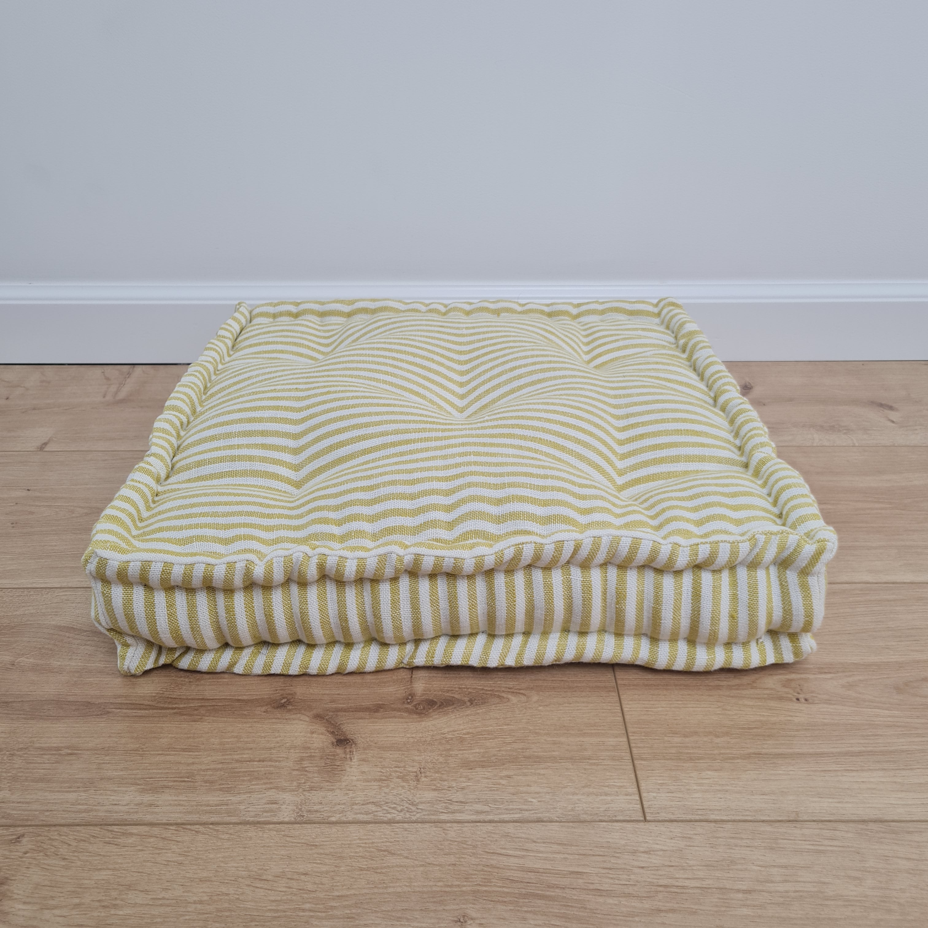 16" x 16" (40x40 cm) Hemp Custom made Window Mudroom Floor bench cushion "Lemon Stripes" filled organic hemp fiber in natural linen fabric