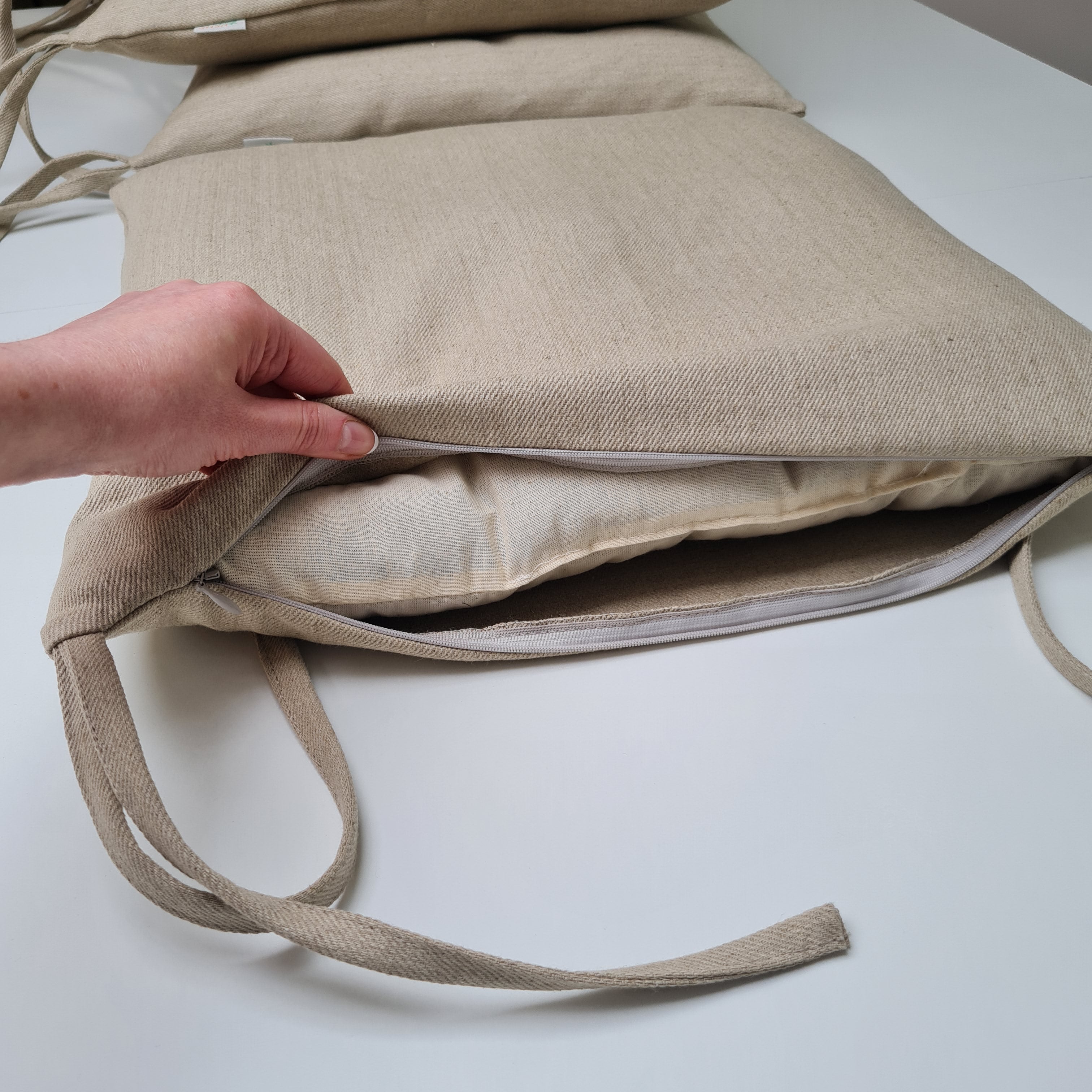 Hemp Linen seat cushion for chair with ties filled organic hemp fiber with removable covers in natural non dyed linen fabric Chair Cushion