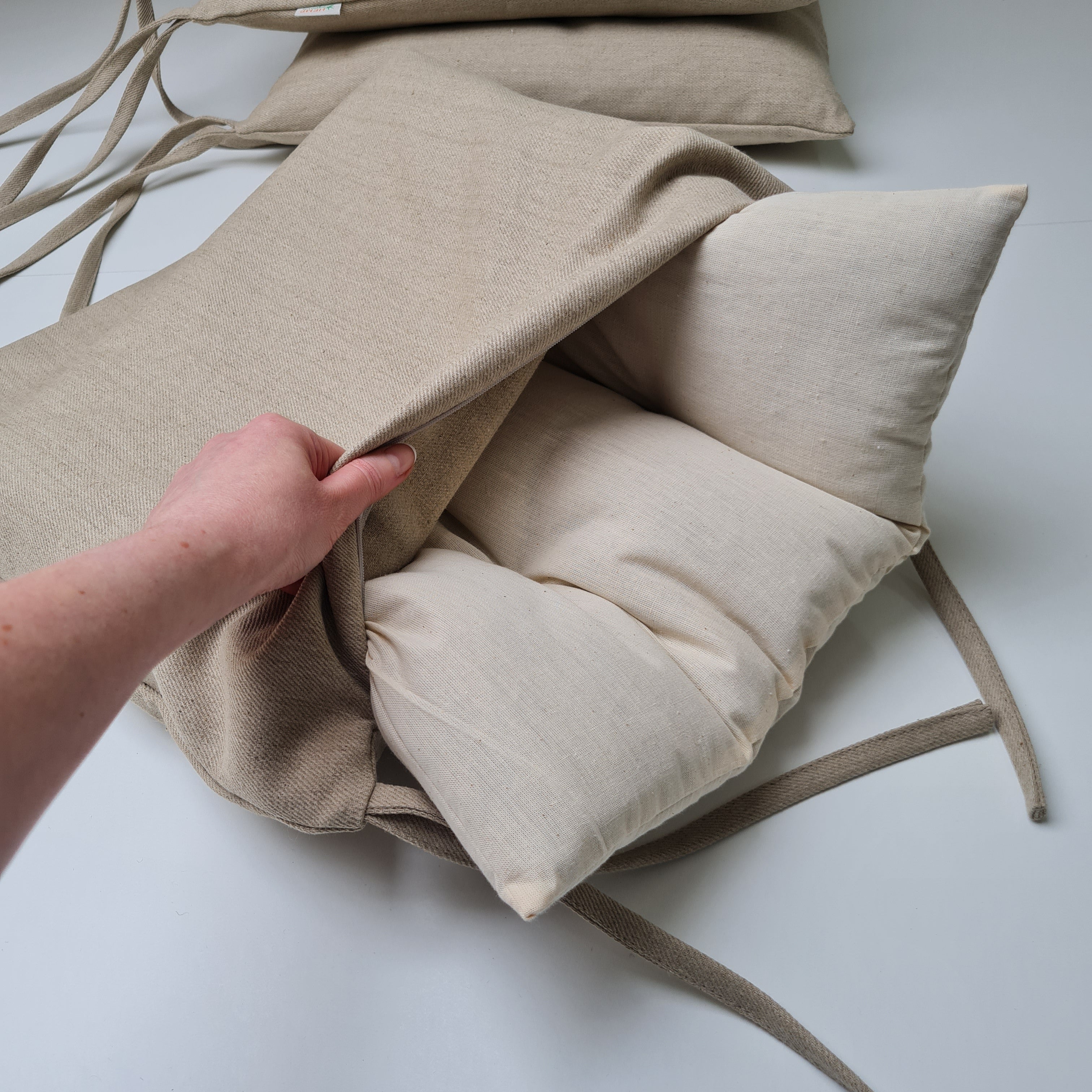Hemp Linen seat cushion for chair with ties filled organic hemp fiber with removable covers in natural non dyed linen fabric Chair Cushion