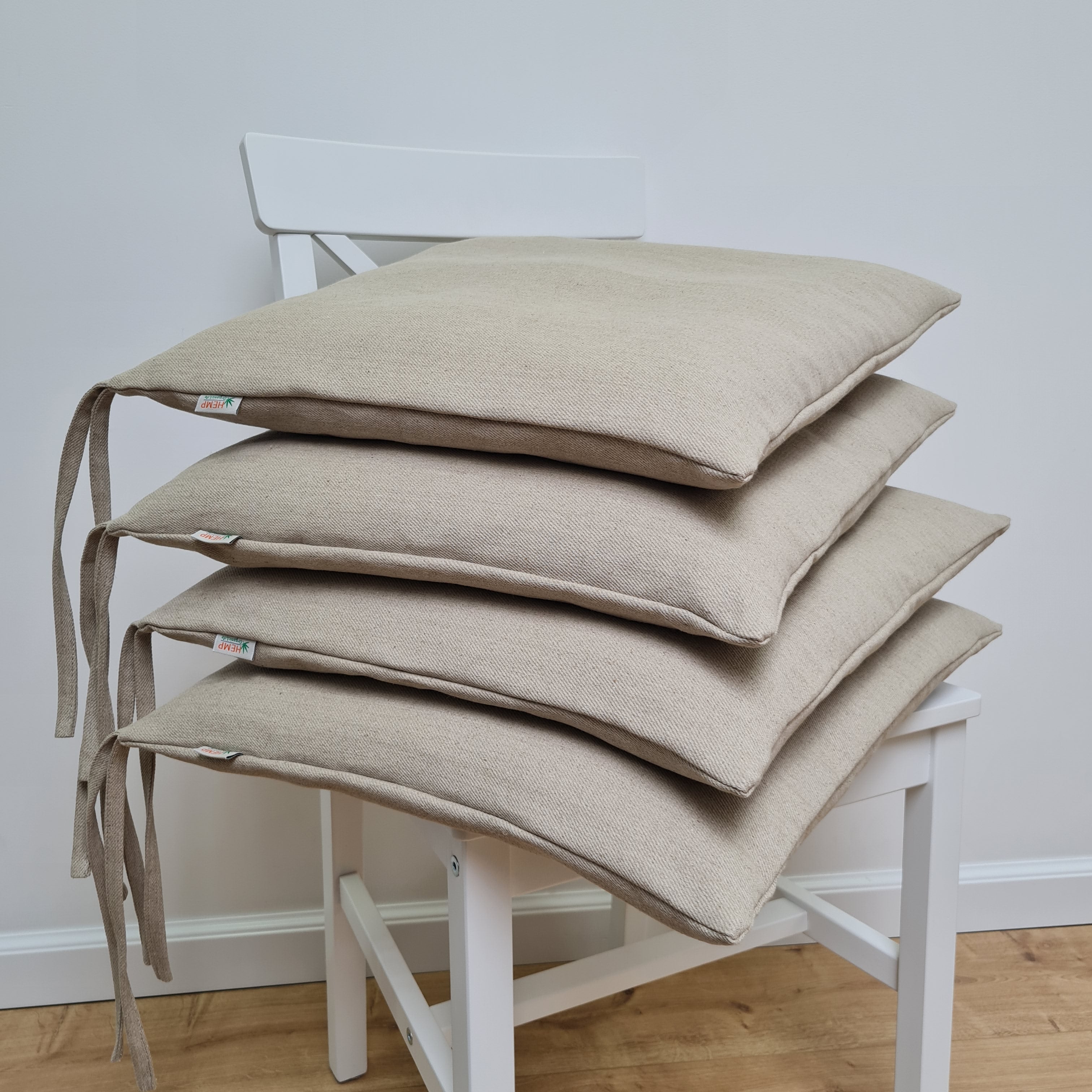 Hemp Linen seat cushion for chair with ties filled organic hemp fiber with removable covers in natural non dyed linen fabric Chair Cushion