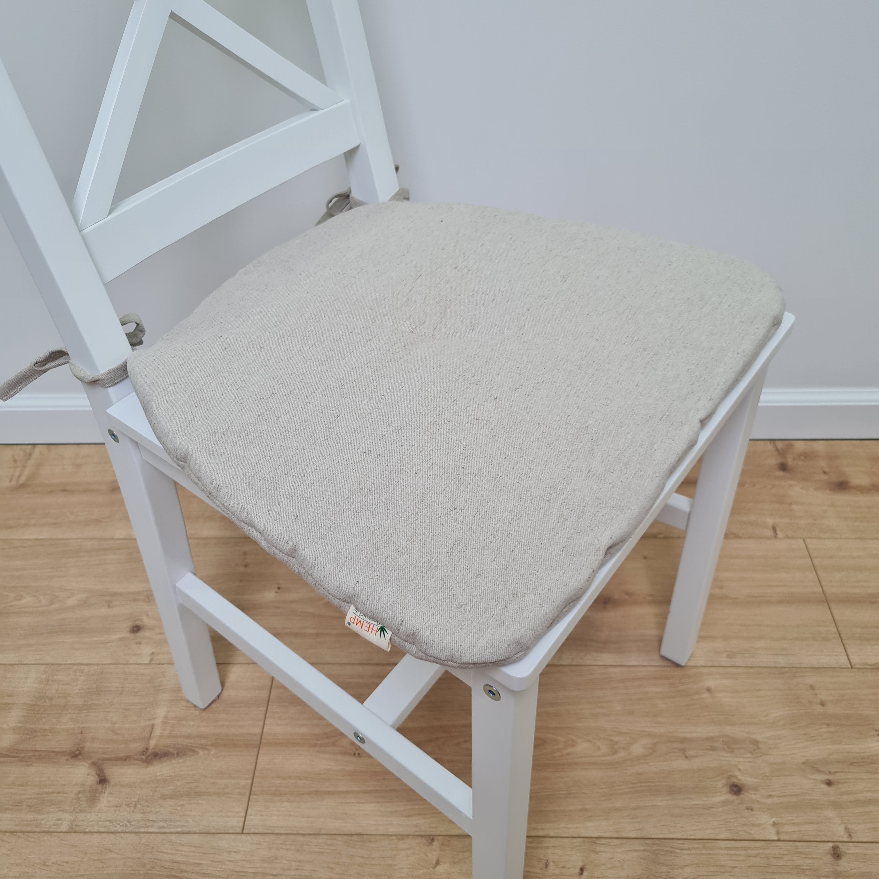 Hemp Linen seat cushion for chair with ties filled organic hemp fiber in natural linen fabric