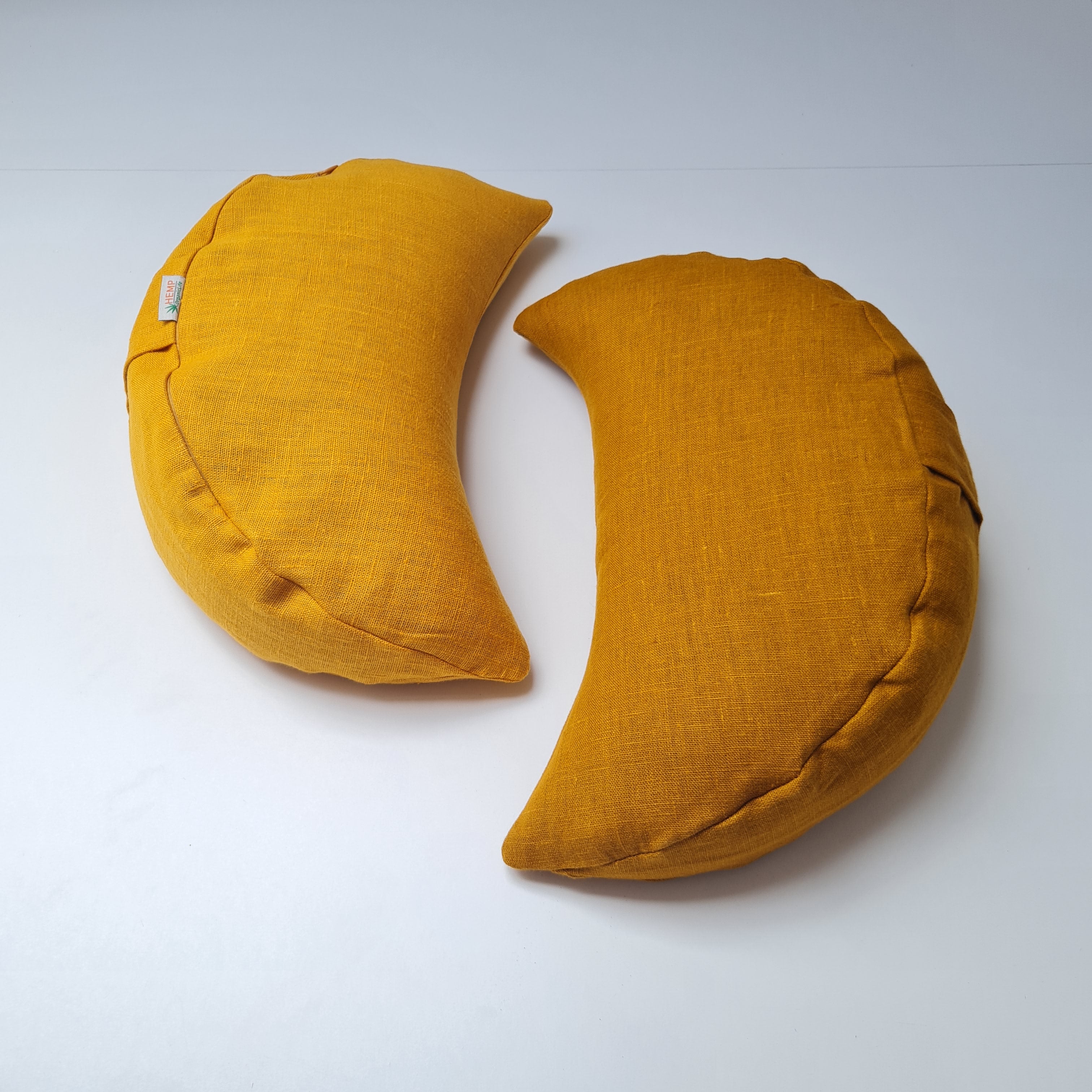 Mustard linen meditation Cresсent cushion filled with buckwheat hulls Yoga support pillow