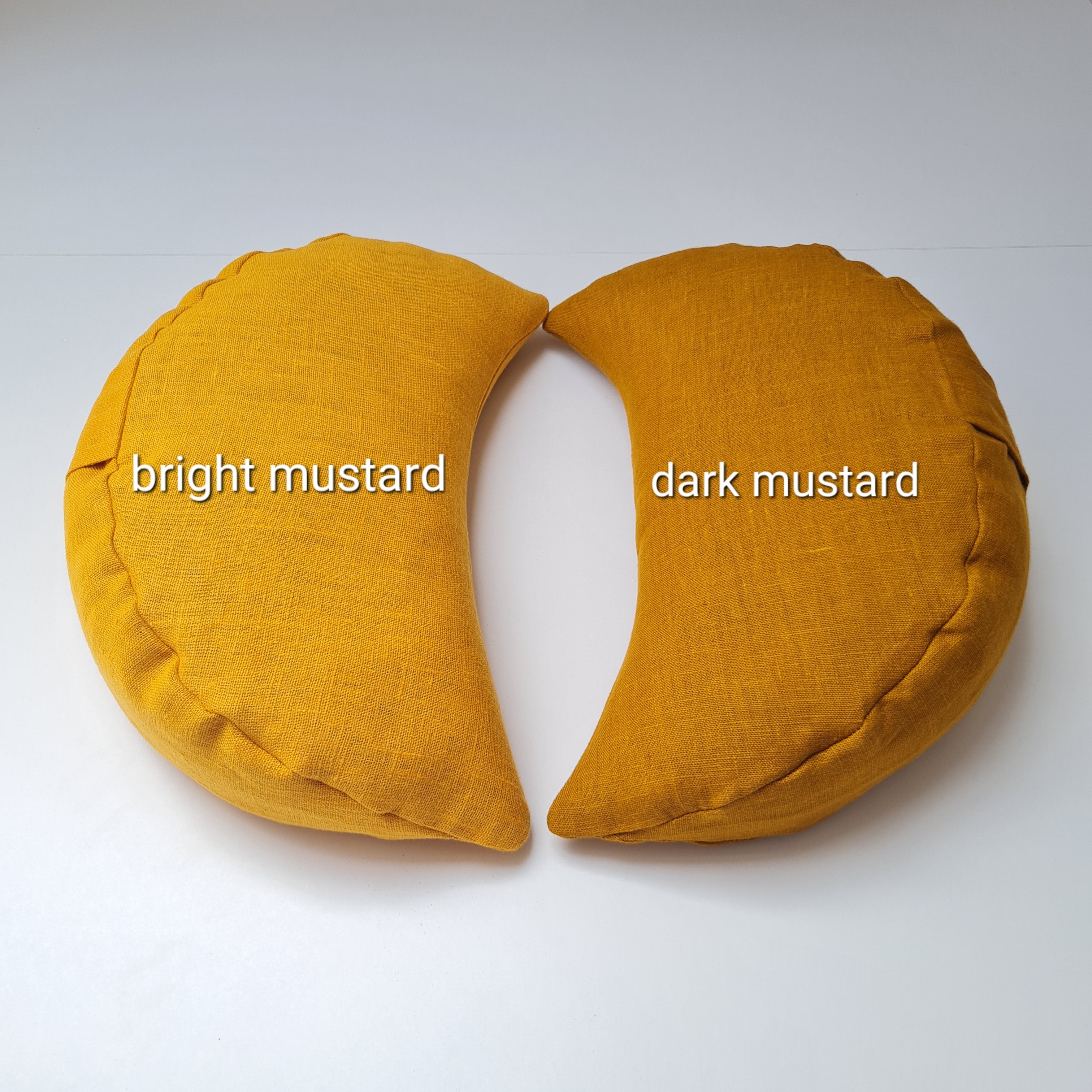 Mustard linen meditation Cresсent cushion filled with buckwheat hulls Yoga support pillow