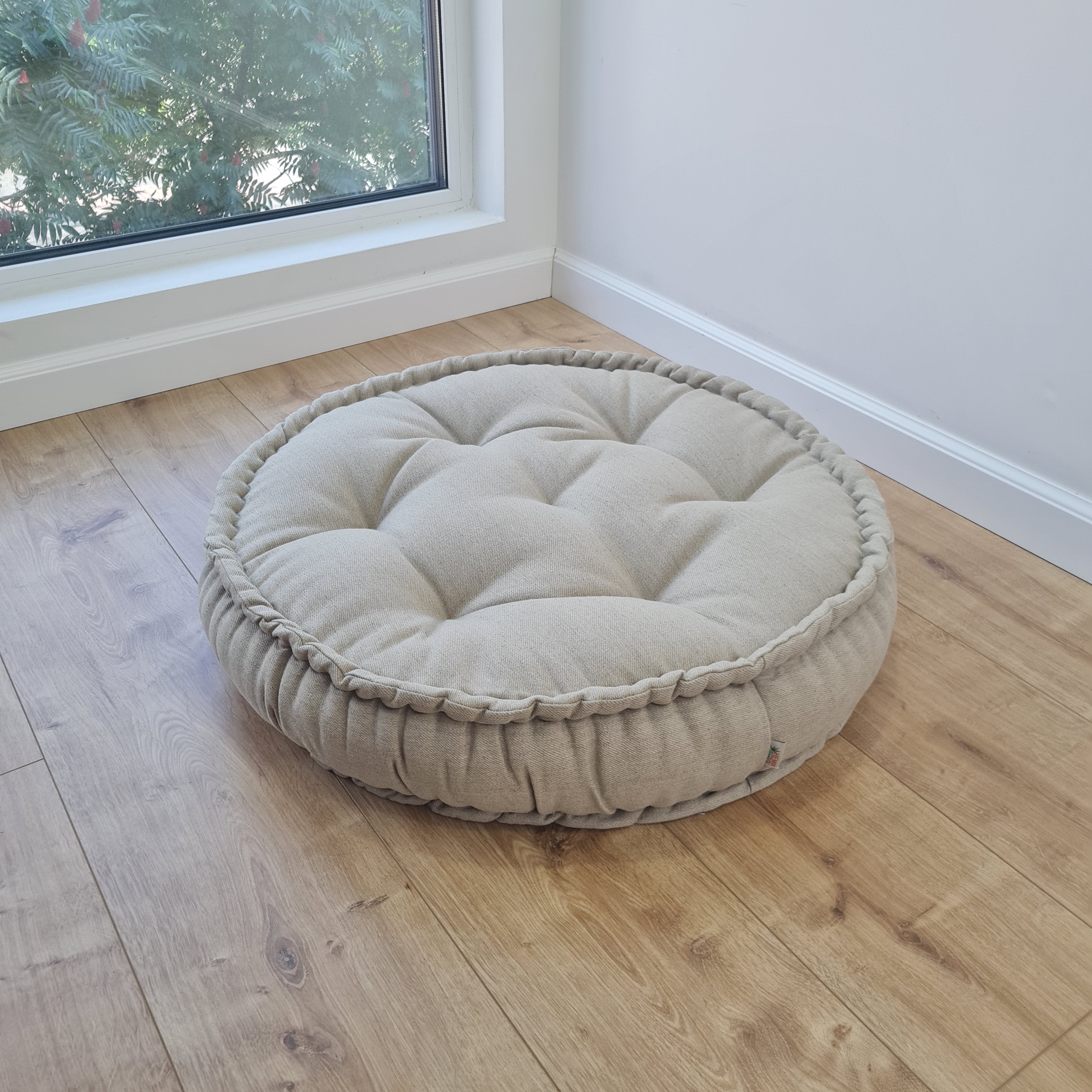 Black Round Hemp Linen Floor Cushion 6" (16cm) thick filled Organic Hemp Fiber in natural Linen fabric Meditation seat custom made size