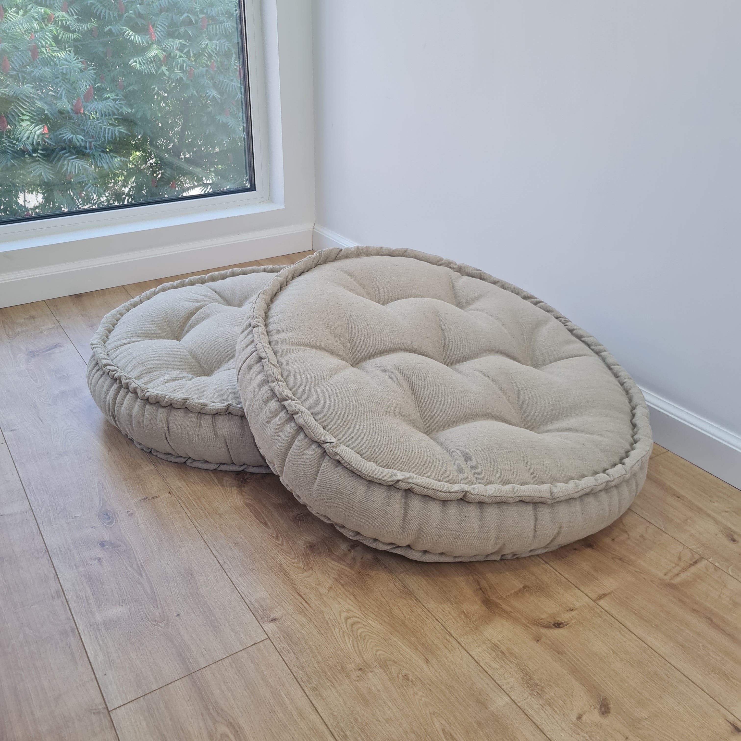 Black Round Hemp Linen Floor Cushion 6" (16cm) thick filled Organic Hemp Fiber in natural Linen fabric Meditation seat custom made size