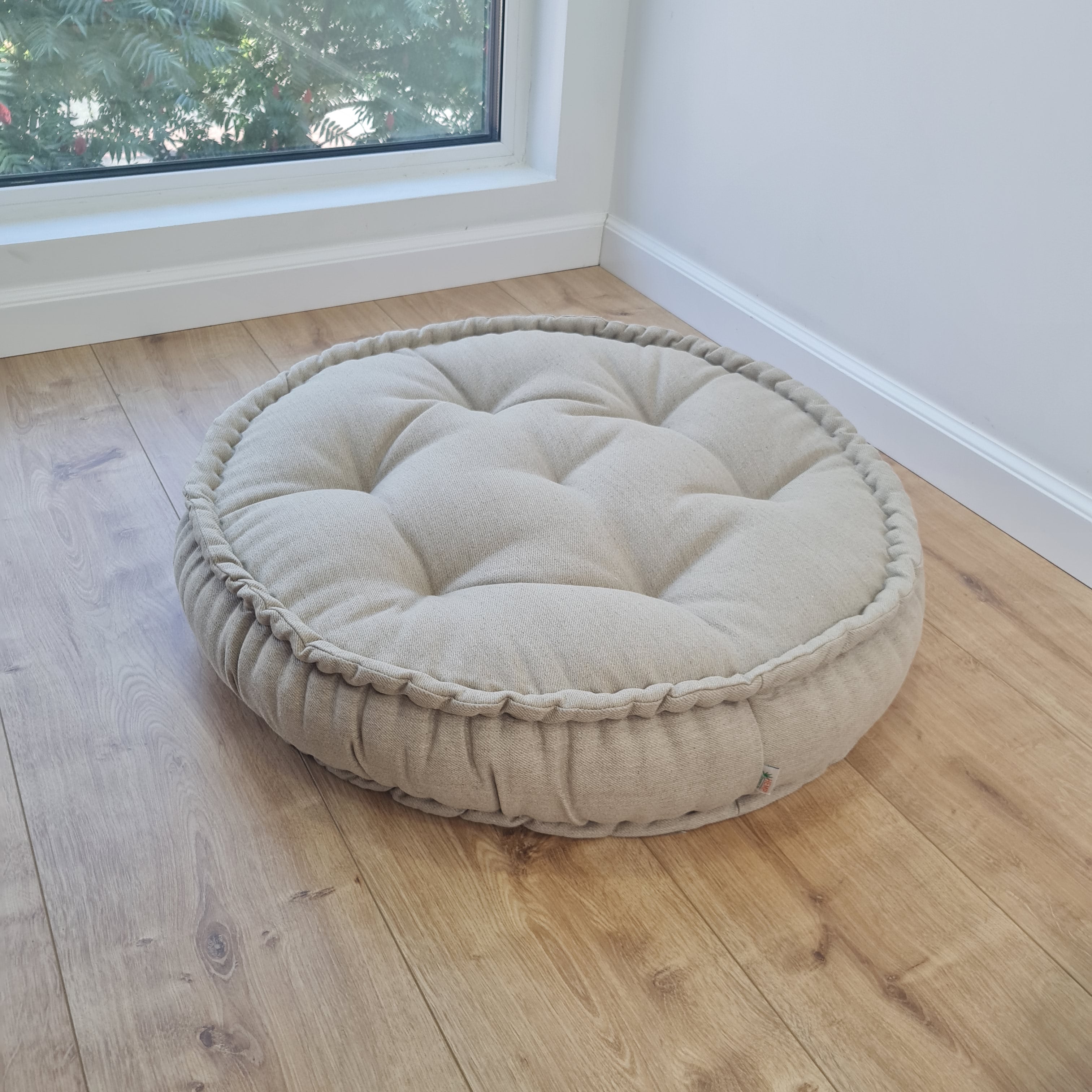 Black Round Hemp Linen Floor Cushion 6" (16cm) thick filled Organic Hemp Fiber in natural Linen fabric Meditation seat custom made size