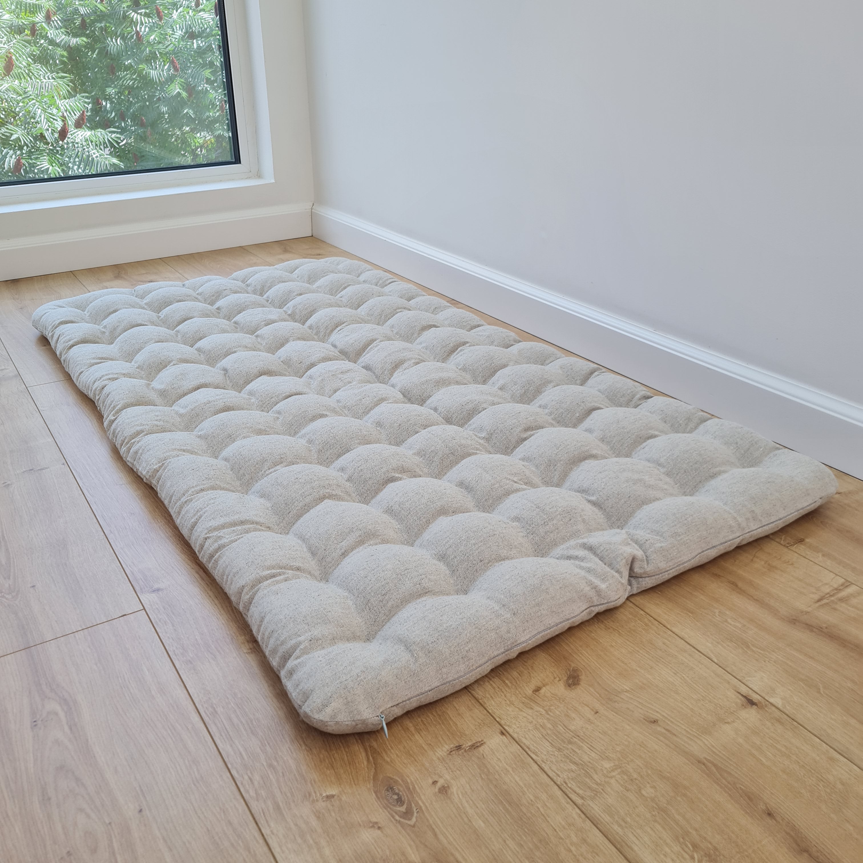 24" x 43" (60x110cm) Natural HEMP floor topper filled organic buckwheat hulls filling yoga mat multi chamber futon in hemp fabric