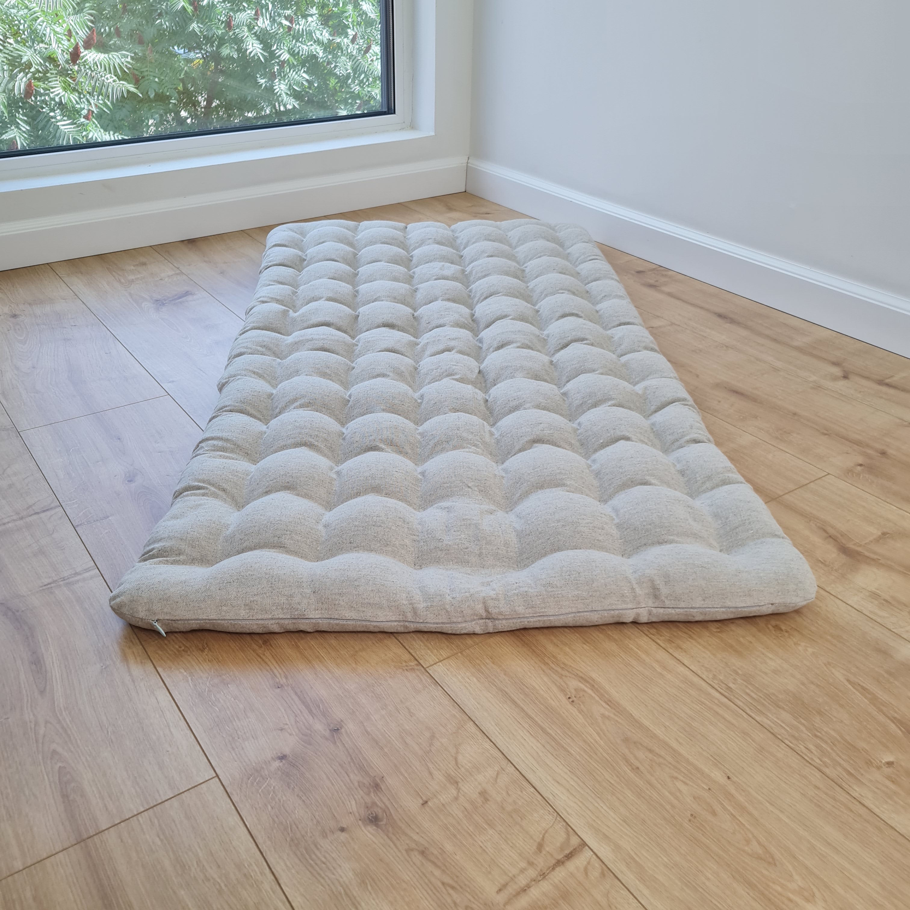 24" x 43" (60x110cm) Natural HEMP floor topper filled organic buckwheat hulls filling yoga mat multi chamber futon in hemp fabric